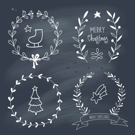 Christmas wreaths set with Christmas symbols on chalkboard. Transparency. No gradients.のイラスト素材