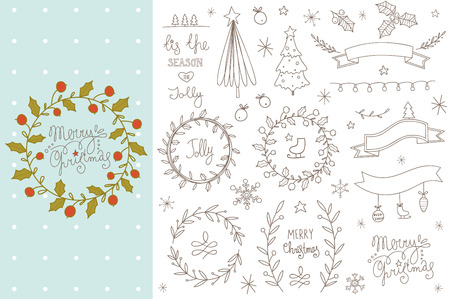 Set of hand drawn Christmas elements. EPS 10. No transparency. No gradients.のイラスト素材