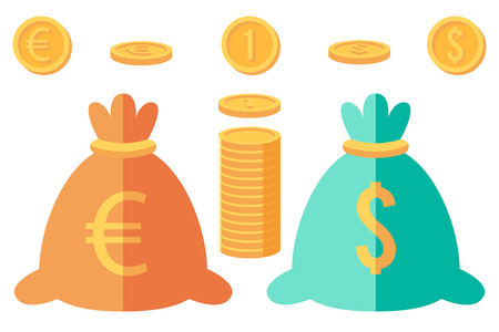Set of dollar and euro coins and two money sacksのイラスト素材