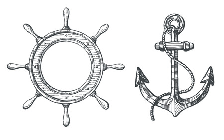 Hand drawn illustration of an anchor and a steering wheelのイラスト素材