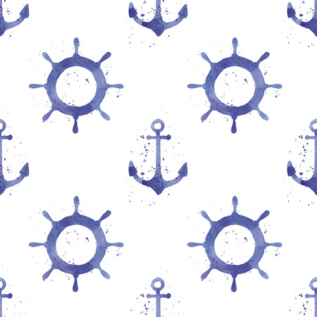 Watercolor seamless pattern with anchors and steering wheelsのイラスト素材