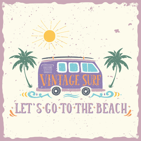 Vintage summer surf print with a mini van, palm trees and lettering.のイラスト素材