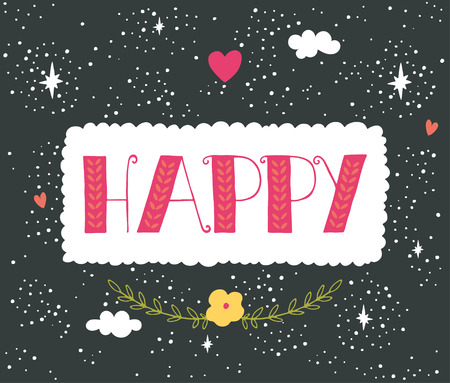 Hand drawn vintage label with hand lettering and decoration. Happy.のイラスト素材