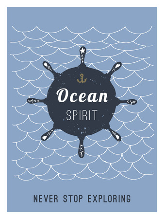 Hand drawn vintage nautical card with grunge patterns and textures. Steering wheel. Ocean Spirit. This illustration can be used as a poster, flyer or a greeting card.のイラスト素材