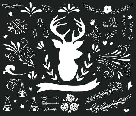 Hand drawn vintage set with a reindeer and different design elements on blackboard banner, branches, flowers, lettering, curlsのイラスト素材