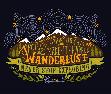 Hand drawn vintage label with mountains, forest and lettering on blackboard. This illustration can be used as a print on T-shirts and bags.のイラスト素材
