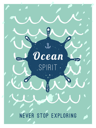 Hand drawn vintage nautical card with grunge patterns and textures. Steering wheel. Ocean spirit. This illustration can be used as a poster, flyer or a greeting card.のイラスト素材