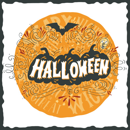 Halloween poster with hand lettering, silhouette of three pumkins, bat, skull, stars and ornaments on full moon in back.のイラスト素材