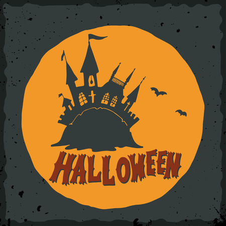 Halloween illustration with a fairytale ghost castle and bats with full moon in back on grunge background.のイラスト素材