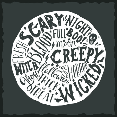 Halloween hand lettering on the round background with a grunge texture. Skull, blood, stars and bats. Words: scary night, creepy, horror, wicked, witch, ghost, full moon, boo, trick or treat.のイラスト素材