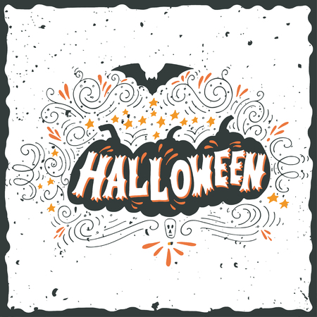 Halloween poster with hand lettering, silhouette of three pumpkins, bat, stars, skull and ornaments on grunge background.のイラスト素材