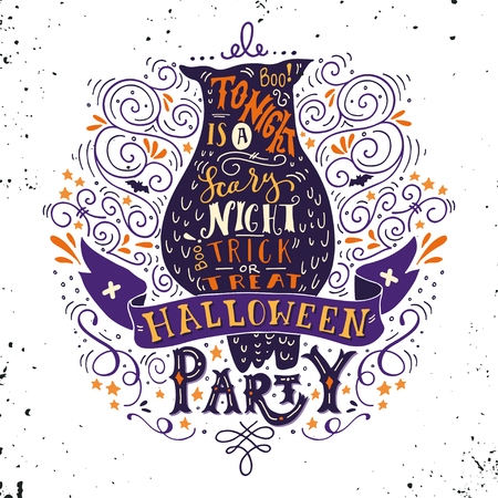 Halloween party poster with an old owl, hand lettering, banner and ornaments. Tonight is a very scary party. Trick or treat. This illustration can be used as a greeting card, poster or print.のイラスト素材