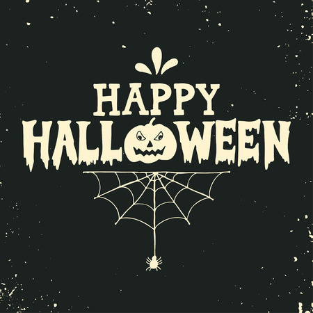 Hand drawn Happy Halloween lettering with a pumpkin and spider web on grunge background. This illustration can be used as a greeting card, poster or print.のイラスト素材
