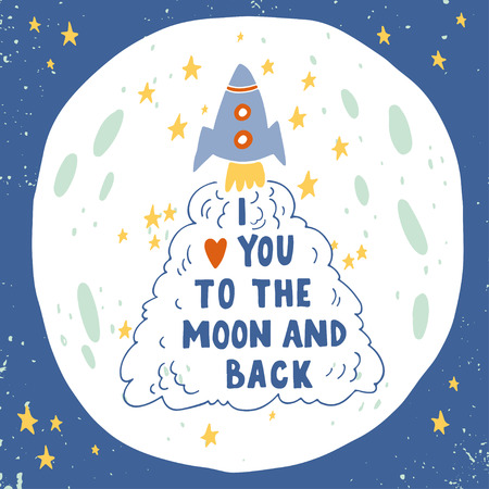 I love you to the moon and back. Hand drawn poster with a romantic quote. This illustration can be used for a Valentine's day or Save the date card or print.のイラスト素材