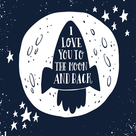 I love you to the moon and back. Hand drawn poster with a romantic quote. This illustration can be used for a Valentine's day or Save the date card or print.のイラスト素材