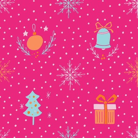 Hand drawn Christmas seamless pattern with snowflakes, ball, tree, gift box and Polka dotsのイラスト素材