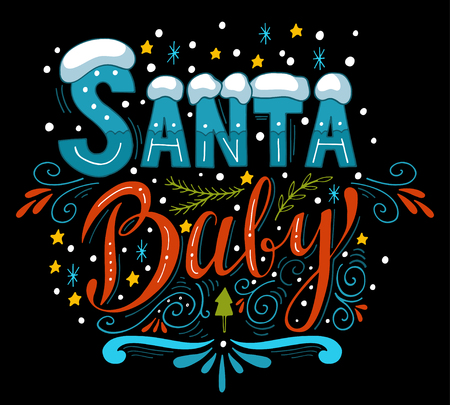 Santa Baby. Quote. Christmas retro poster with hand lettering and decoration elements. This illustration can be used as a greeting card, poster or print.のイラスト素材