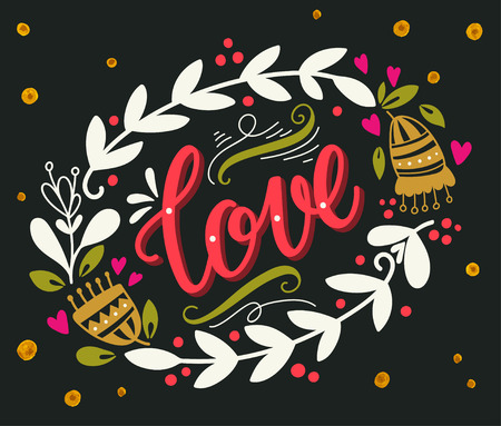 Love. Hand drawn vintage illustration with hand-lettering and a wreath. This illustration can be used as a greeting card for Valentine's day or wedding or as a print on t-shirts and bags, stationary or as a poster.のイラスト素材
