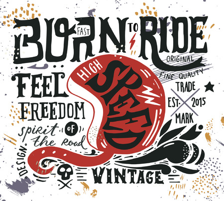 Hand drawn grunge vintage illustration with hand lettering and a retro helmet, skull and decoration elements. This illustration can be used as a print on t-shirts and bags, stationary or as a poster.のイラスト素材