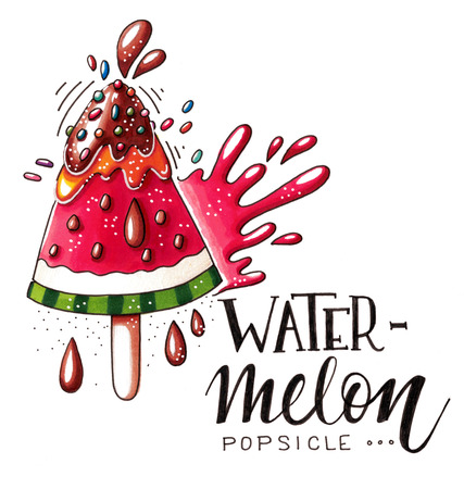 Hand drawn marker illustration of a watermelon ice pop with chocolate, speckles, juicy splash drops and lettering isolated on white background. This image can be used as a print on t-shirts and bags, greeting card or as a poster.の写真素材