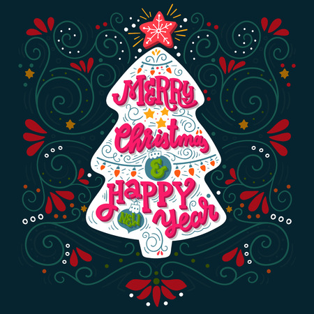 Merry Christmas and happy New Year. Hand drawn winter holiday image. Lettering on Christmas tree with decorative design elements. This illustration can be used as a greeting card, poster or print.のイラスト素材