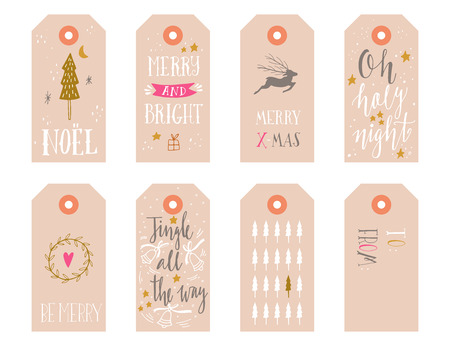 Hand drawn Christmas holiday gift tags collection with calligraphy, hand lettering, decoration elements and doodles. Set of 8 printable labels on white background.のイラスト素材