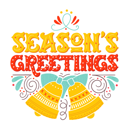 Seasons greetings. Hand drawn winter holiday image. Lettering with ornate Christmas bells and decorative design elements. This illustration can be used as a greeting card, poster or print.のイラスト素材