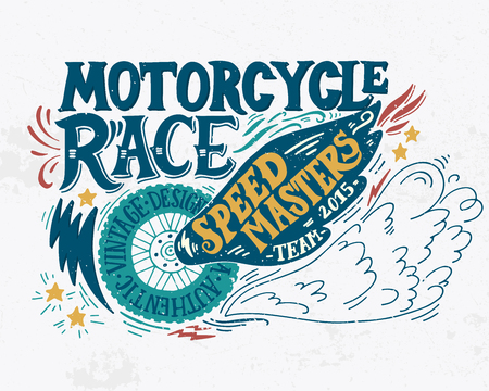 Motorcycle race. Hand drawn grunge vintage illustration with hand lettering. This illustration can be used as a print on t-shirts and bags, stationary or as a poster.のイラスト素材