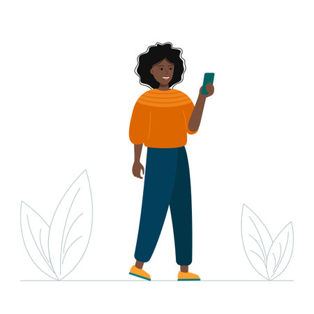 Happy black woman use smartphone flat. A young happy black girl standing and at the same time looks into the smartphone and uses a mobile phone for mobile internet communication.のイラスト素材