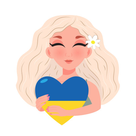 Pray for peace Ukraine, support Ukraine, Love Ukraine, heart emblem national flag colored. Woman hugging a heart in the colors of the flag of ukraine. Vector illustration on whiteのイラスト素材