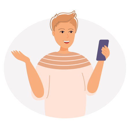 Happy redhead woman uses smartphone, talking to smbのイラスト素材