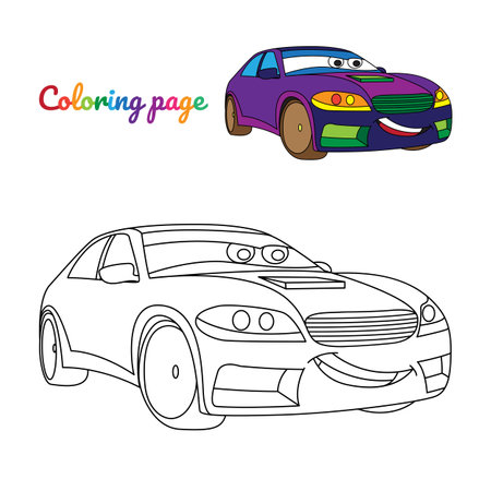 Coloring page for children with cartoon purple car characterのイラスト素材