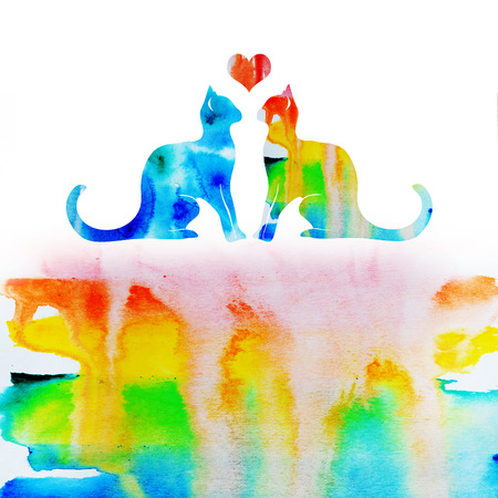 two watercolor cat on a background of hearts with ribbonの写真素材