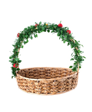 Empty wicker basket with decorated handle, isolated on white background の写真素材