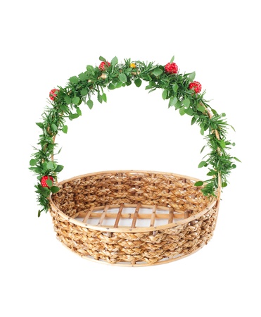 Empty wicker basket with decorated handle, isolated on white background の写真素材