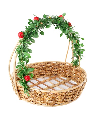 Empty wicker basket with decorated handle, isolated on white background の写真素材