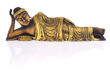 Teak wood lying buddha on white background の写真素材