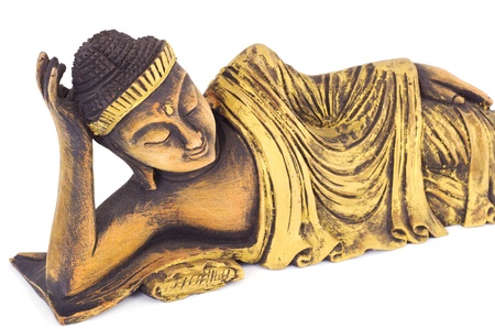 Teak wood lying buddha on white background の写真素材