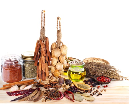 Spices assortment isolated on white background with copy space.の写真素材