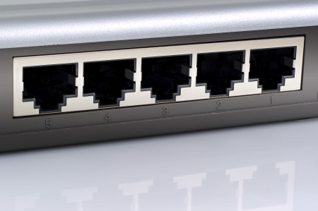 Network switch plugs closeup.の写真素材