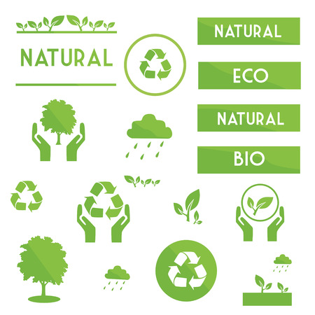Ecological elements symbols and signs of green color on a white backgroundのイラスト素材
