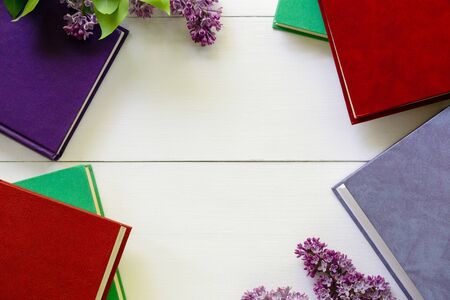 Various hardback books on a white background.の写真素材