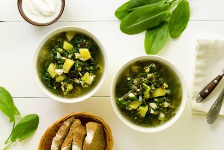 Green soup with sorrel and potatoes on a white background.の写真素材