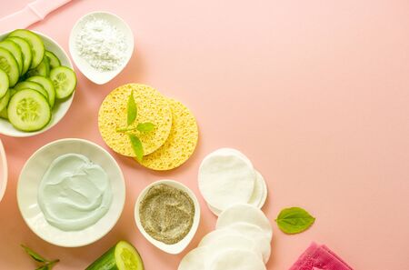 Flat lay of facial mask in bowls and care items.の写真素材