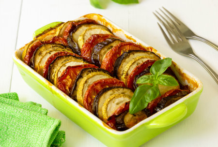 Traditional french dish ratatouille. Vegetable casserole with eggplant, tomato and zucchini in a ceramic form.の写真素材
