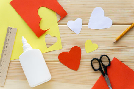 Step by step instructions. Making childrens valentine for holiday, top viewの写真素材