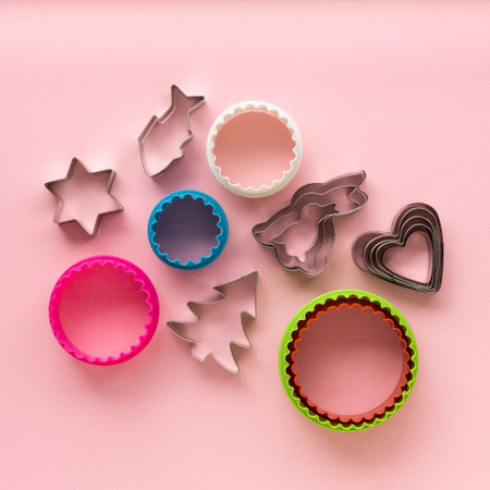 Various molds for making cookies on pink background, top view.の写真素材
