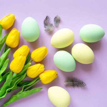 Easter flat lay. Painted eggs with tulips and feathers on lilac background, top viewの写真素材