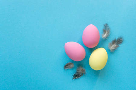 Flat lay of yellow and pink painted easter eggs with feathers on blue background, space for textの写真素材