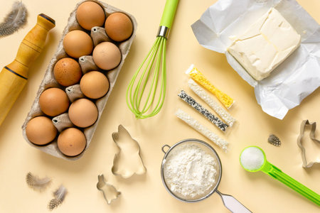 Easter baking flat lay. Cookies ingredients and kitchenware on beige background, top view.